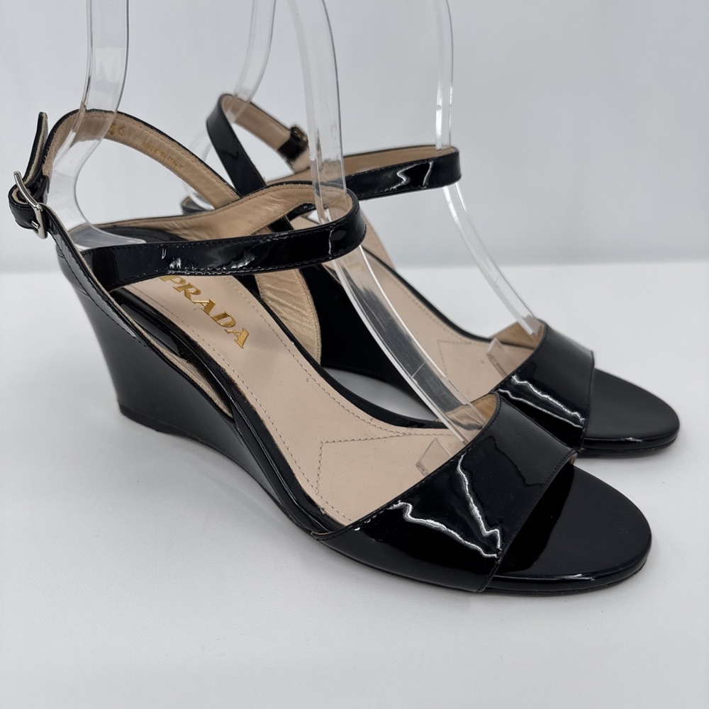PRADA BLACK PATENT LEATHER WOMENS WEDGES SIZE 36 5.5 Designer Whimsigoth Italy